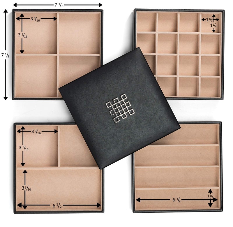 Glenor Co Jewelry Organizer Tray - 4 Stackable Trays & Lid with Mirror - 27 Slot Storage for Drawer, Dresser - Black - Image 3
